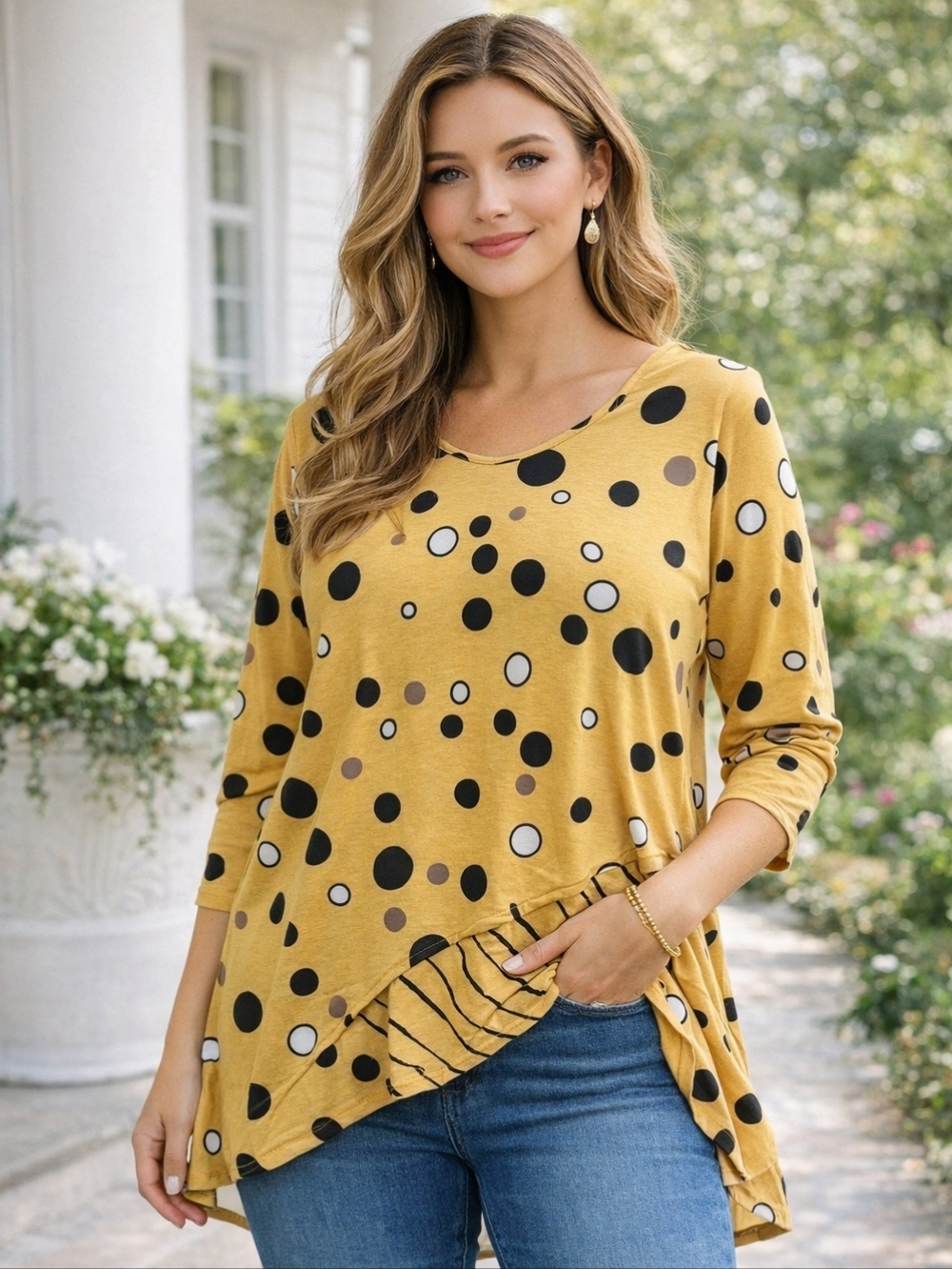 Mustard Polka Dot Asymmetrical Tunic Top 3X | Mixed Print Boho Swing Top